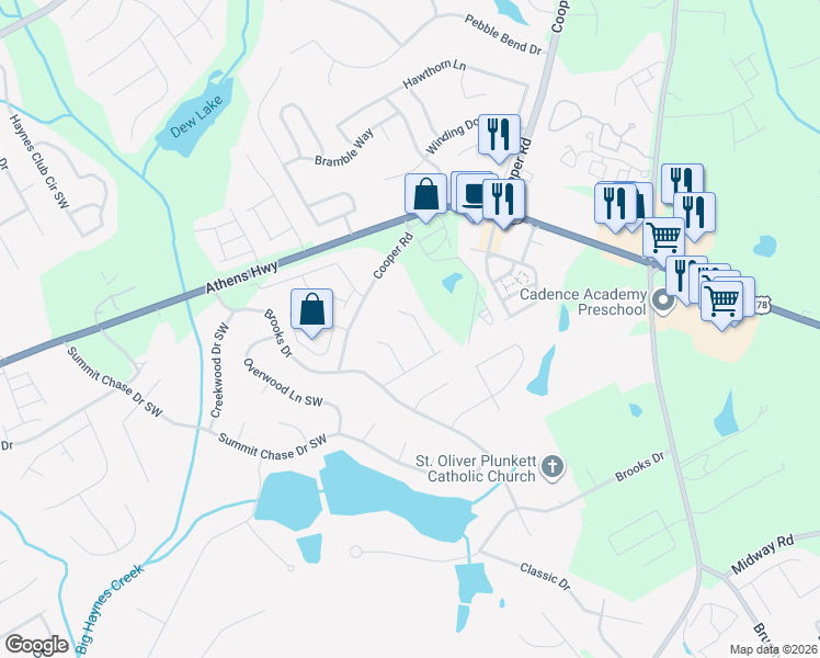 map of restaurants, bars, coffee shops, grocery stores, and more near 1185 Summit Point Lane in Snellville