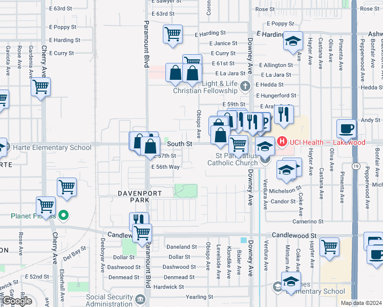map of restaurants, bars, coffee shops, grocery stores, and more near 5749 Acacia Lane in Lakewood