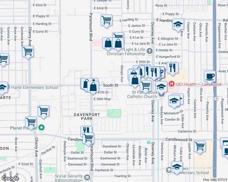 map of restaurants, bars, coffee shops, grocery stores, and more near 5749 Acacia Lane in Lakewood