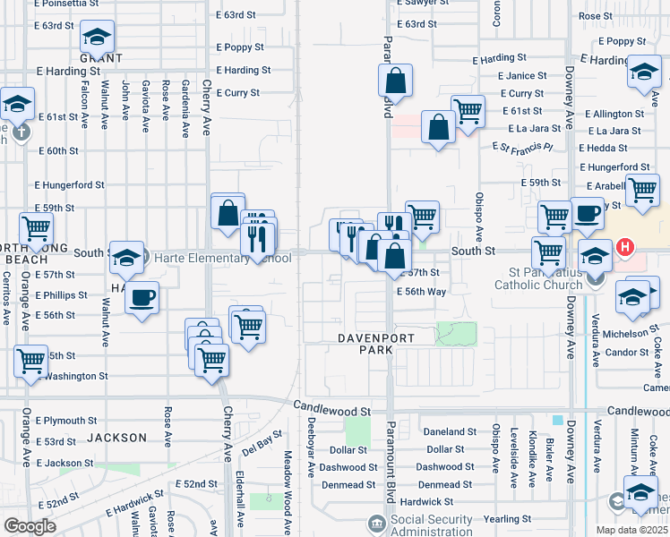 map of restaurants, bars, coffee shops, grocery stores, and more near 5700 Ackerfield Avenue in Long Beach