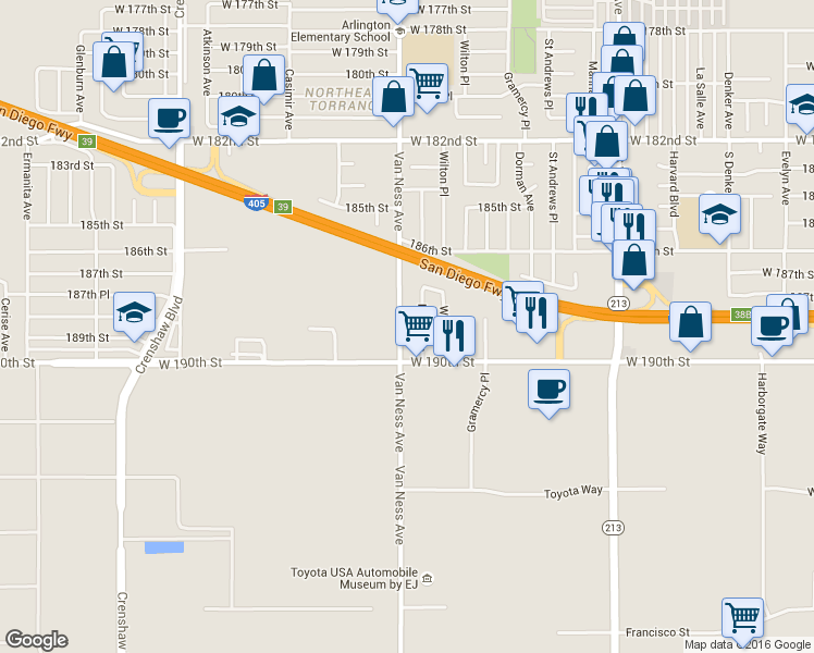 map of restaurants, bars, coffee shops, grocery stores, and more near 18825 Haas Avenue in Torrance