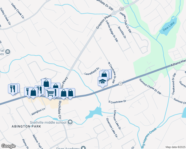 map of restaurants, bars, coffee shops, grocery stores, and more near 2628 Downingwood Lane Southwest in Grayson