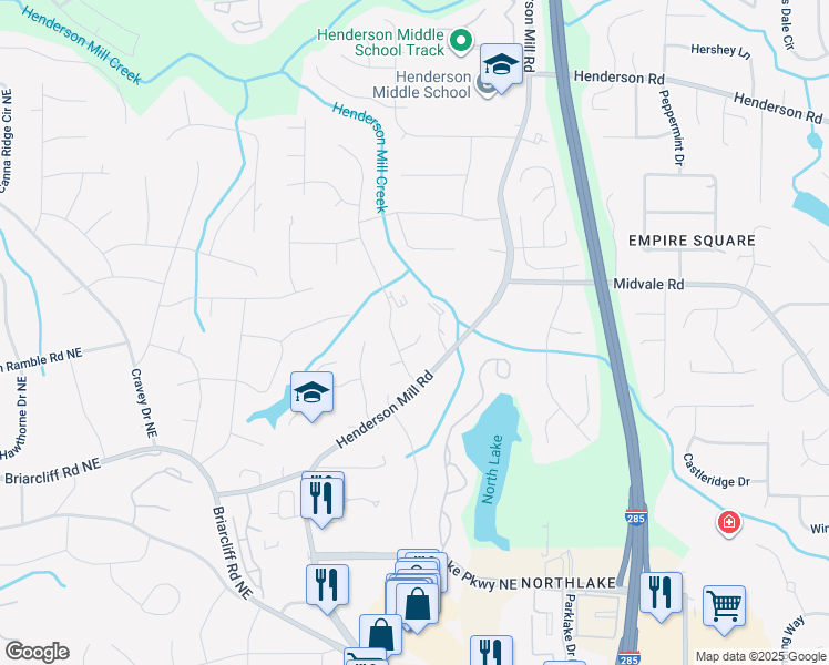 map of restaurants, bars, coffee shops, grocery stores, and more near 3270 Leslie Court Northeast in Atlanta