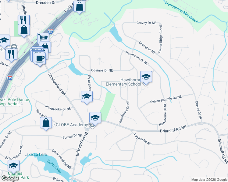 map of restaurants, bars, coffee shops, grocery stores, and more near 2513 Foster Ridge Court Northeast in Atlanta