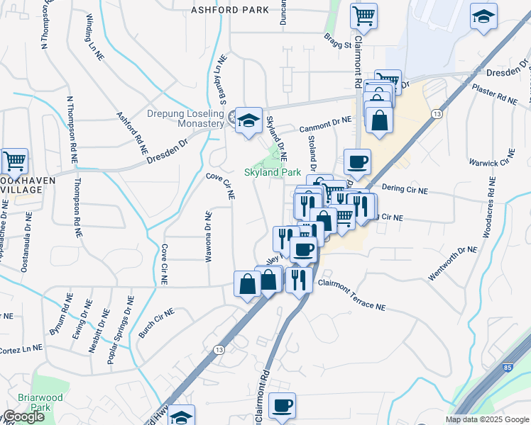 map of restaurants, bars, coffee shops, grocery stores, and more near 2509 Skyland Trail Northeast in Atlanta