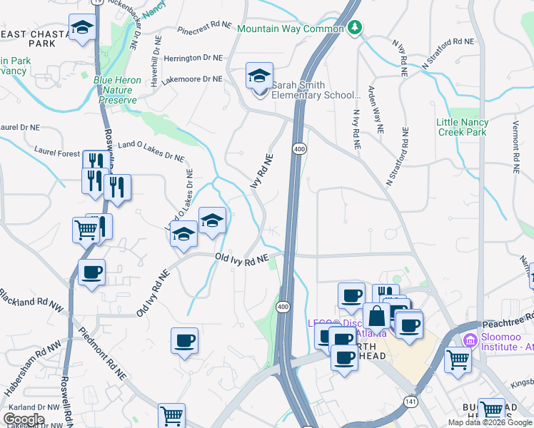 map of restaurants, bars, coffee shops, grocery stores, and more near 3829 Ivy Road Northeast in Atlanta