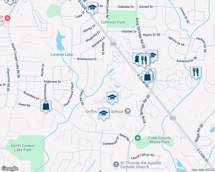 map of restaurants, bars, coffee shops, grocery stores, and more near 301 Mill Pond Court Southeast in Smyrna