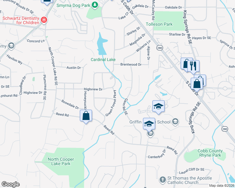 map of restaurants, bars, coffee shops, grocery stores, and more near 3865 Green Forest Parkway in Smyrna