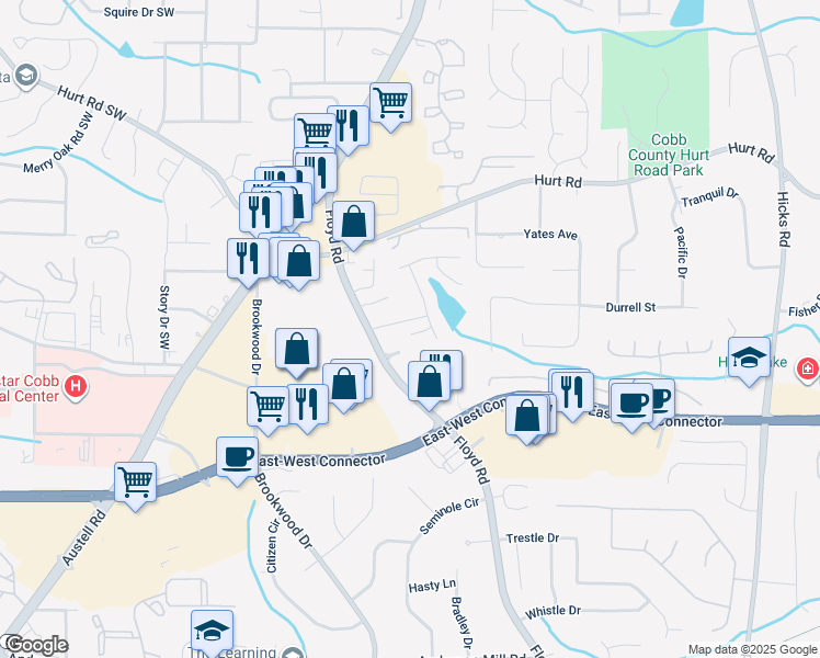 map of restaurants, bars, coffee shops, grocery stores, and more near 1320 Guilderoy Lane in Austell