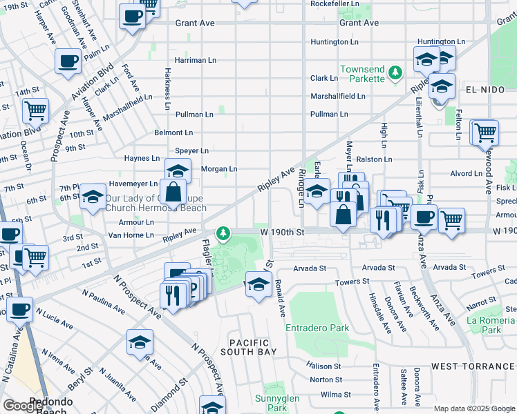 map of restaurants, bars, coffee shops, grocery stores, and more near 518 Cluster Lane in Redondo Beach