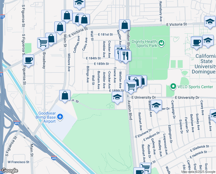 map of restaurants, bars, coffee shops, grocery stores, and more near 18813 Crocker Avenue in Carson