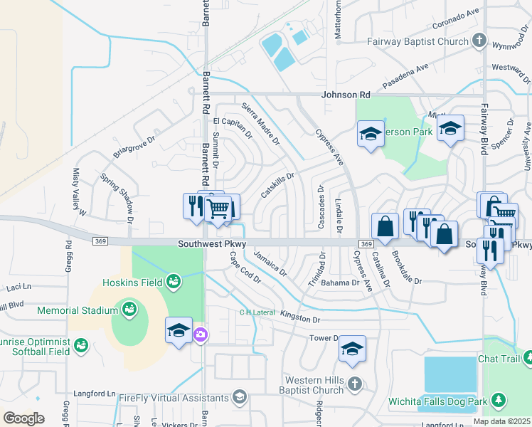 map of restaurants, bars, coffee shops, grocery stores, and more near 5210 Allegheny Dr in Wichita Falls