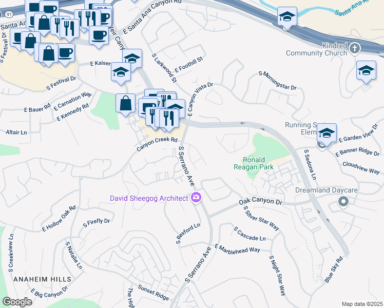 map of restaurants, bars, coffee shops, grocery stores, and more near 840 South Orchid Lane in Anaheim