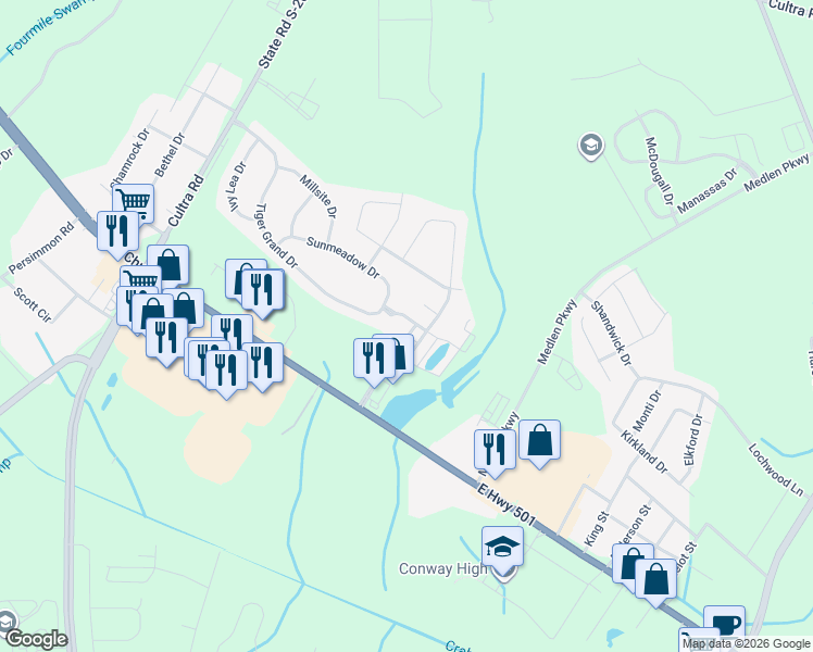 map of restaurants, bars, coffee shops, grocery stores, and more near 1407 Ferney Drive in Conway
