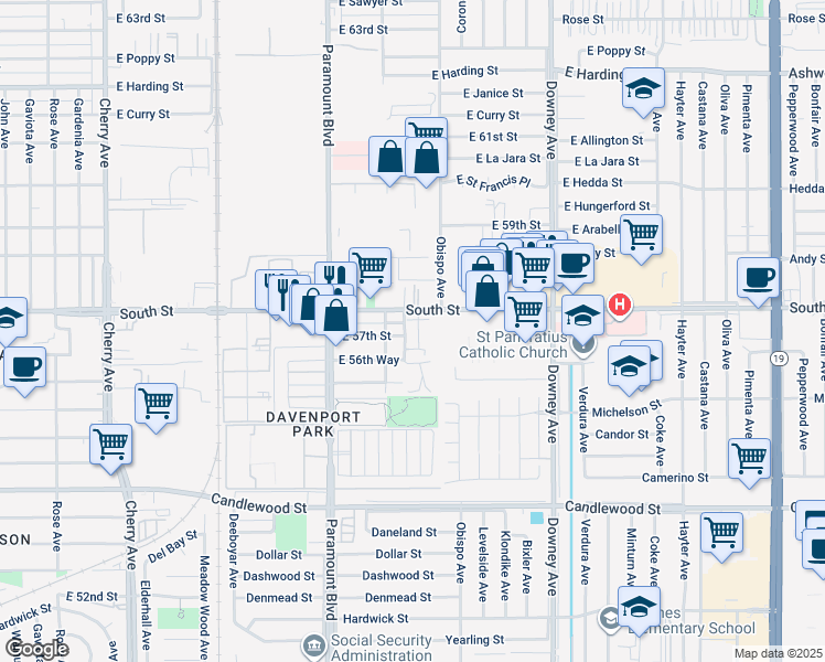 map of restaurants, bars, coffee shops, grocery stores, and more near 5765 Acacia Lane in Lakewood