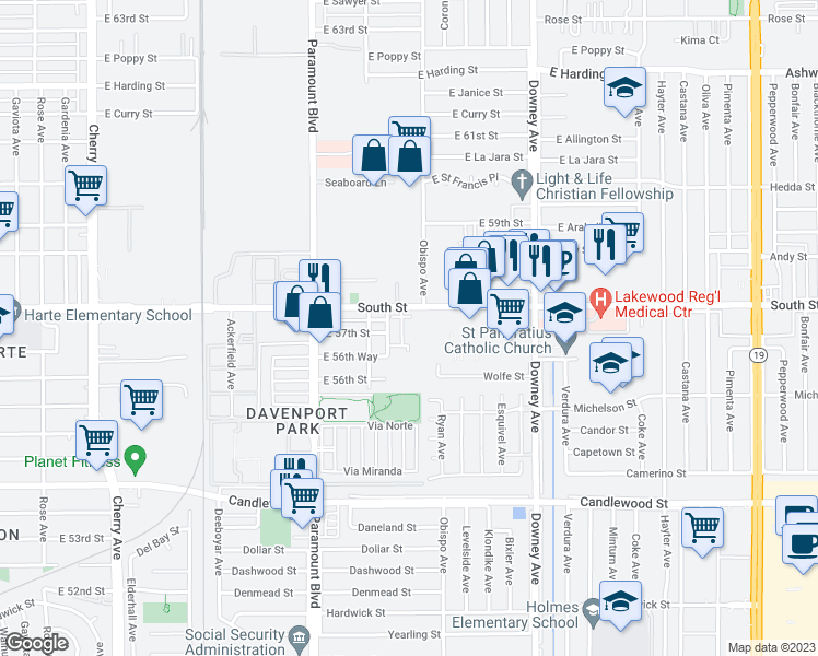 map of restaurants, bars, coffee shops, grocery stores, and more near 5762 Acacia Lane in Lakewood