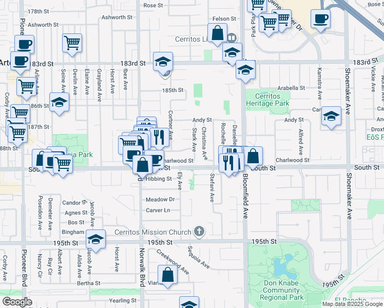 map of restaurants, bars, coffee shops, grocery stores, and more near 18909 Stark Avenue in Cerritos