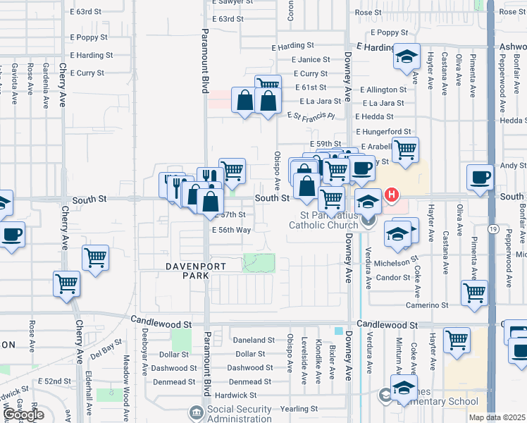 map of restaurants, bars, coffee shops, grocery stores, and more near 5778 Acacia Lane in Lakewood