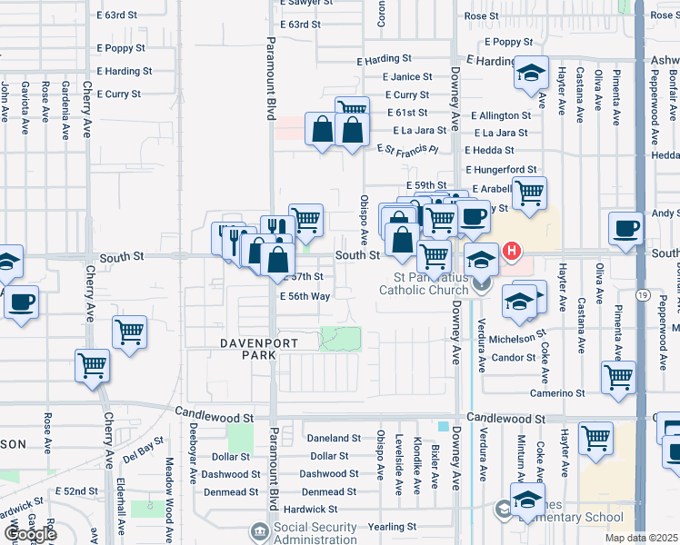 map of restaurants, bars, coffee shops, grocery stores, and more near 5765 Acacia Lane in Lakewood