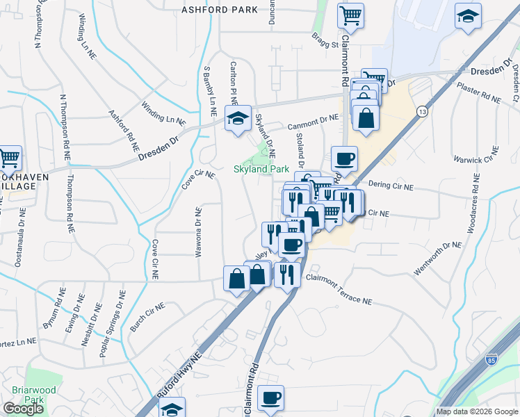 map of restaurants, bars, coffee shops, grocery stores, and more near 2509 Skyland Trail Northeast in Atlanta