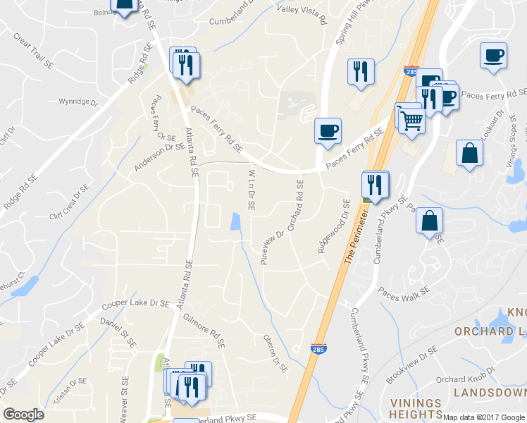 map of restaurants, bars, coffee shops, grocery stores, and more near 2279 Hills Lane Drive Southeast in Smyrna