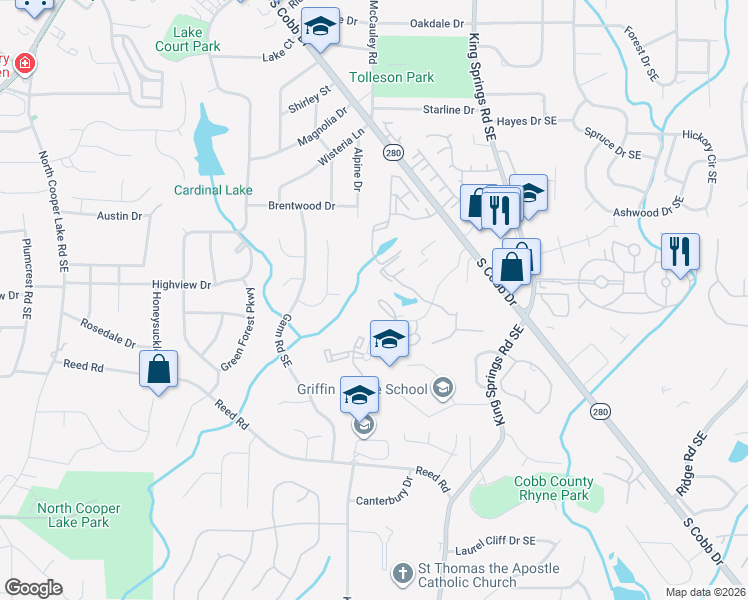 map of restaurants, bars, coffee shops, grocery stores, and more near 303 Mill Pond Court Southeast in Smyrna