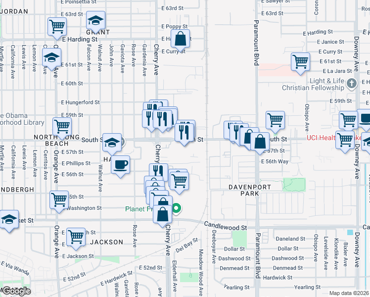map of restaurants, bars, coffee shops, grocery stores, and more near 2150 East South Street in Long Beach