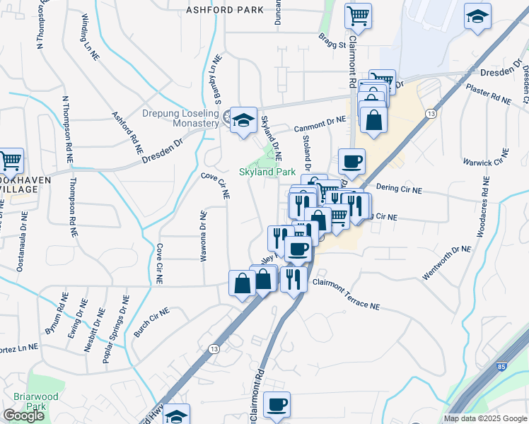 map of restaurants, bars, coffee shops, grocery stores, and more near 2509 Skyland Trail Northeast in Atlanta