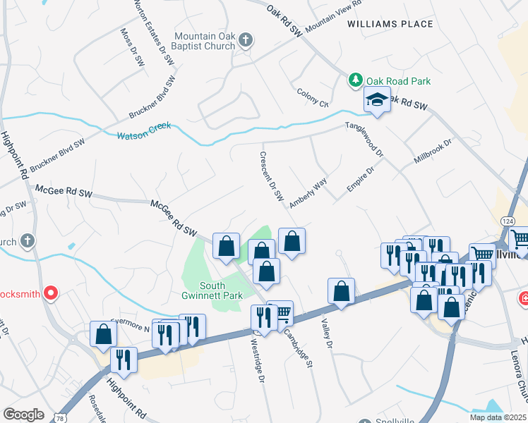 map of restaurants, bars, coffee shops, grocery stores, and more near 2700 Sterling Creek Pointe in Snellville