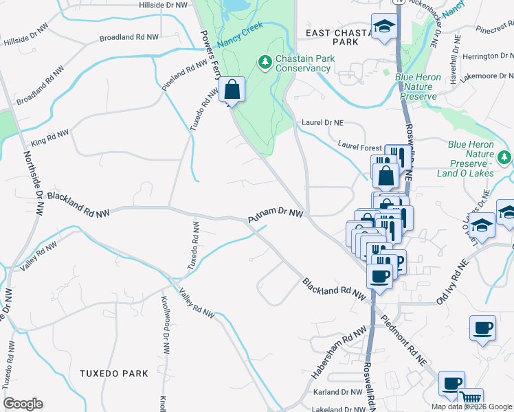 map of restaurants, bars, coffee shops, grocery stores, and more near 81 Putnam Drive Northwest in Atlanta