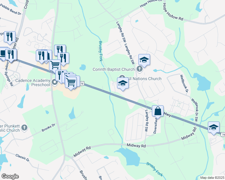 map of restaurants, bars, coffee shops, grocery stores, and more near 3235 Brushy Drive in Loganville
