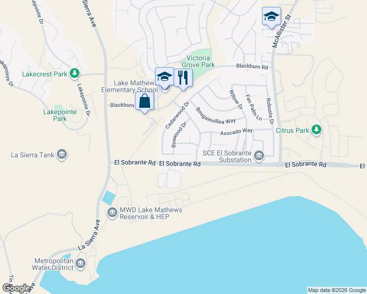 map of restaurants, bars, coffee shops, grocery stores, and more near 12381 Jacaranda Way in Riverside