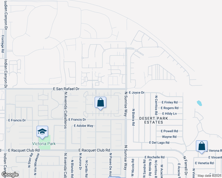 map of restaurants, bars, coffee shops, grocery stores, and more near 1543 East San Rafael Drive in Palm Springs
