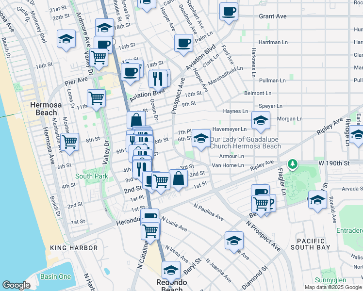 map of restaurants, bars, coffee shops, grocery stores, and more near 515 Gentry Street in Hermosa Beach
