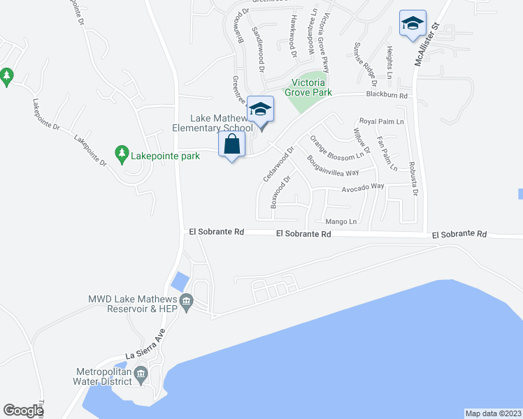 map of restaurants, bars, coffee shops, grocery stores, and more near 17938 Cedarwood Drive in Riverside