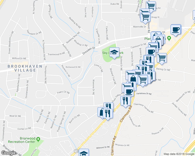 map of restaurants, bars, coffee shops, grocery stores, and more near 2509 Wawona Drive Northeast in Atlanta