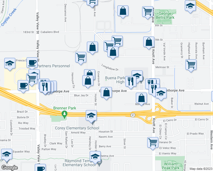 map of restaurants, bars, coffee shops, grocery stores, and more near 29 Revell Circle in Buena Park