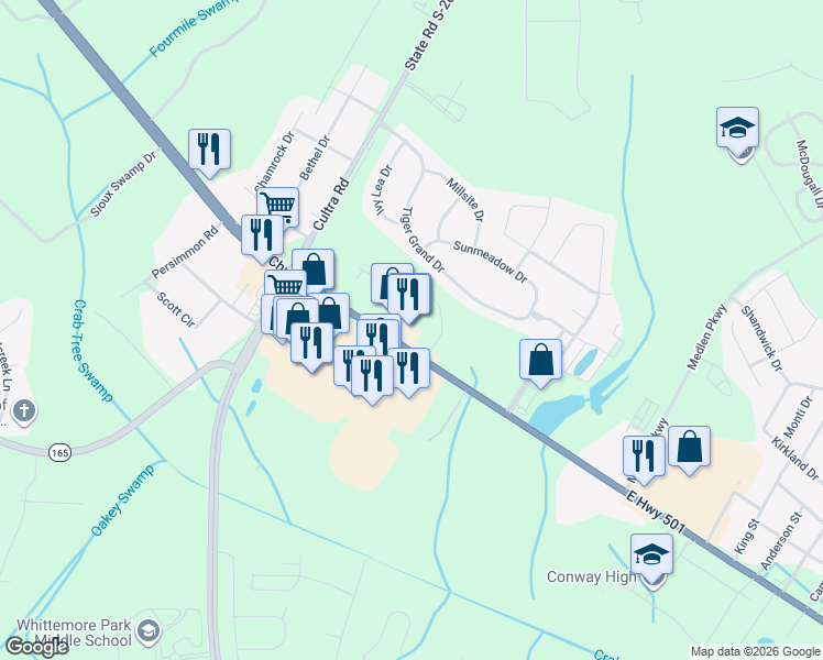 map of restaurants, bars, coffee shops, grocery stores, and more near 2676 Church Street in Conway