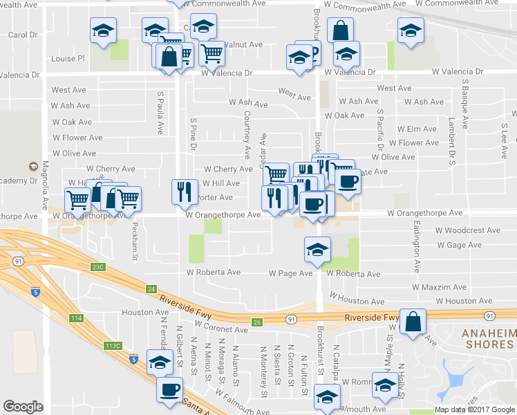 map of restaurants, bars, coffee shops, grocery stores, and more near 1117 South Cedar Avenue in Fullerton