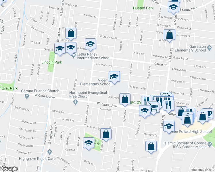 map of restaurants, bars, coffee shops, grocery stores, and more near 2038 South Vicentia Avenue in Corona