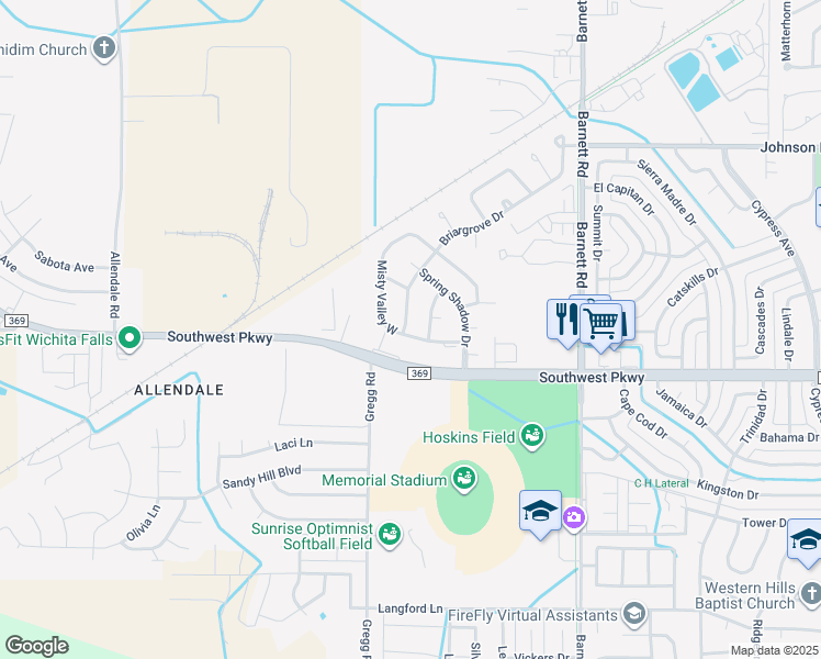 map of restaurants, bars, coffee shops, grocery stores, and more near 5819 Briargrove Drive in Wichita Falls