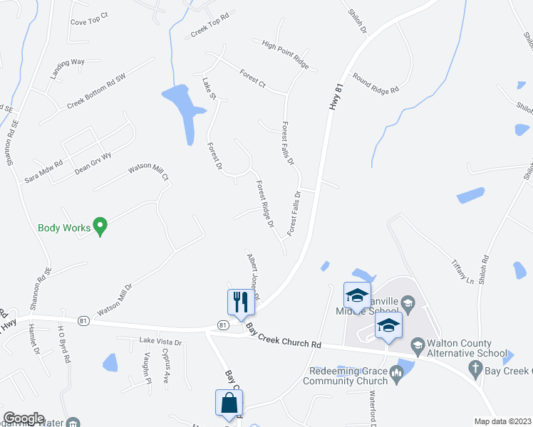 map of restaurants, bars, coffee shops, grocery stores, and more near 5384 Forest Ridge Drive in Loganville