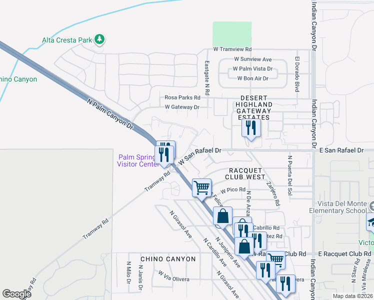 map of restaurants, bars, coffee shops, grocery stores, and more near 601-799 Los Felices Circle West in Palm Springs