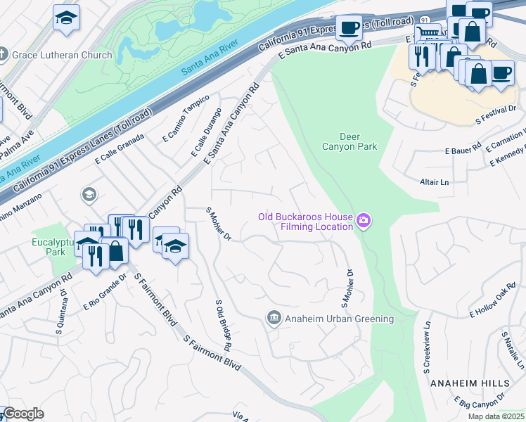 map of restaurants, bars, coffee shops, grocery stores, and more near 221 South Willdan Road in Anaheim