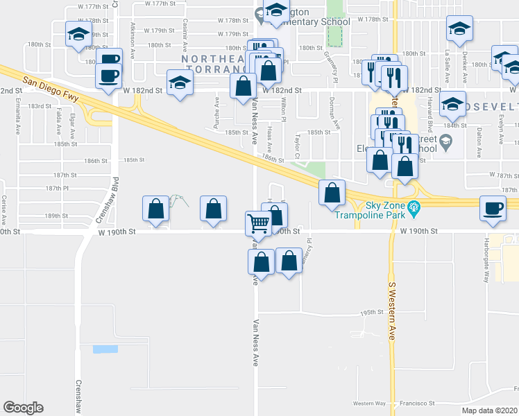 map of restaurants, bars, coffee shops, grocery stores, and more near 18826 Van Ness Avenue in Torrance