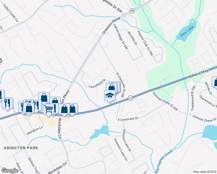 map of restaurants, bars, coffee shops, grocery stores, and more near 2553 Laurelfield Drive in Grayson