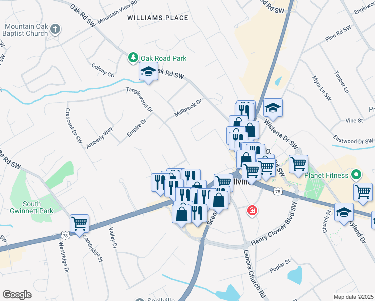 map of restaurants, bars, coffee shops, grocery stores, and more near 2166 Tanglewood Drive in Snellville