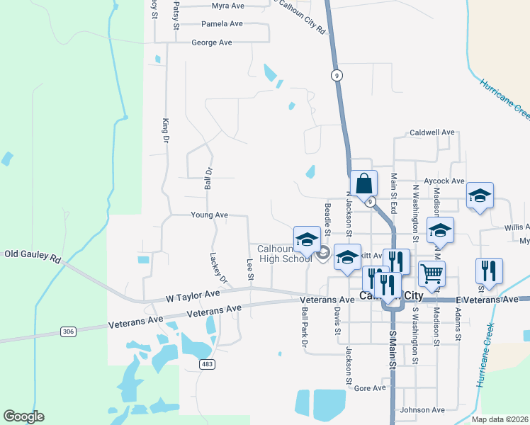 map of restaurants, bars, coffee shops, grocery stores, and more near 130 Rochelle Drive in Calhoun City