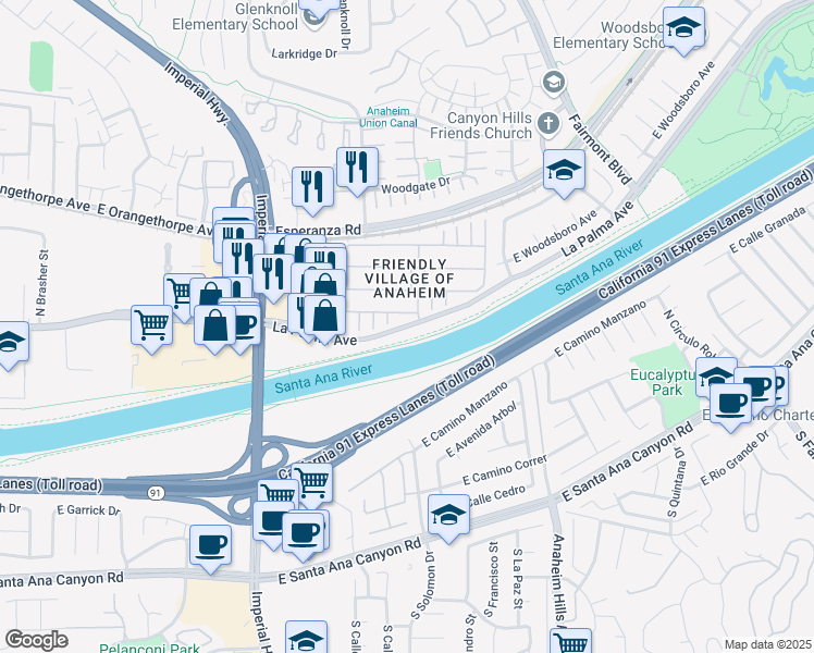 map of restaurants, bars, coffee shops, grocery stores, and more near 5948 East La Palma Avenue in Anaheim
