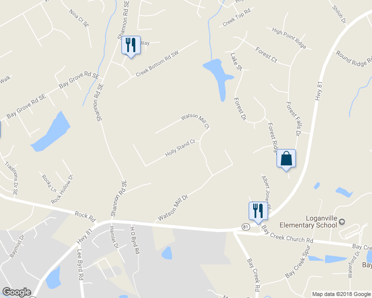 map of restaurants, bars, coffee shops, grocery stores, and more near 3214 Holly Stand Court in Loganville